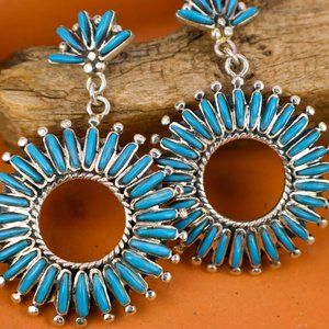 HOOP CHANDELIER TURQUOISE Dangle Earrings Navajo Handmade Sterling Silver